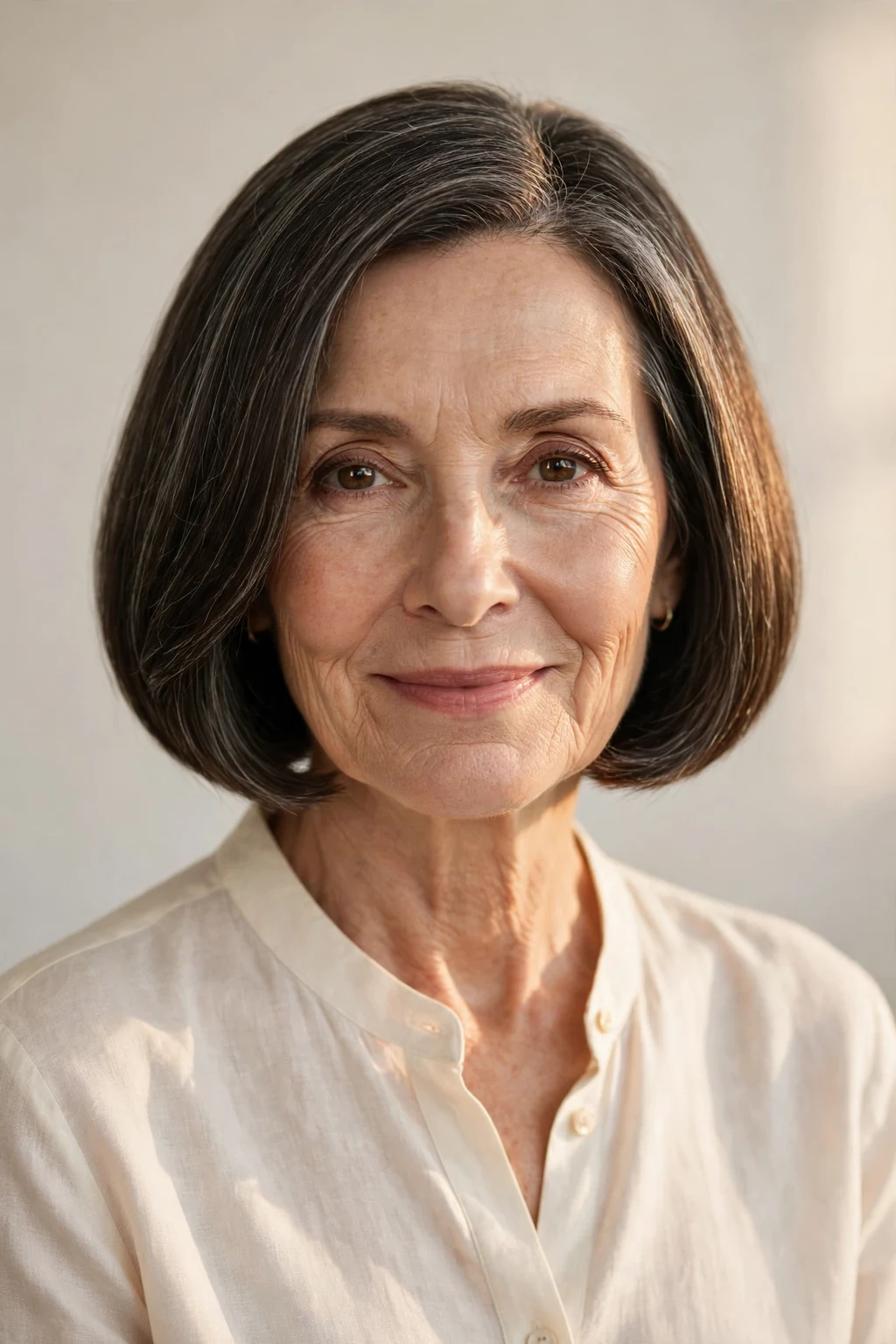Elegant woman over 50 with timeless bob, classic beautiful cut, warm light.
