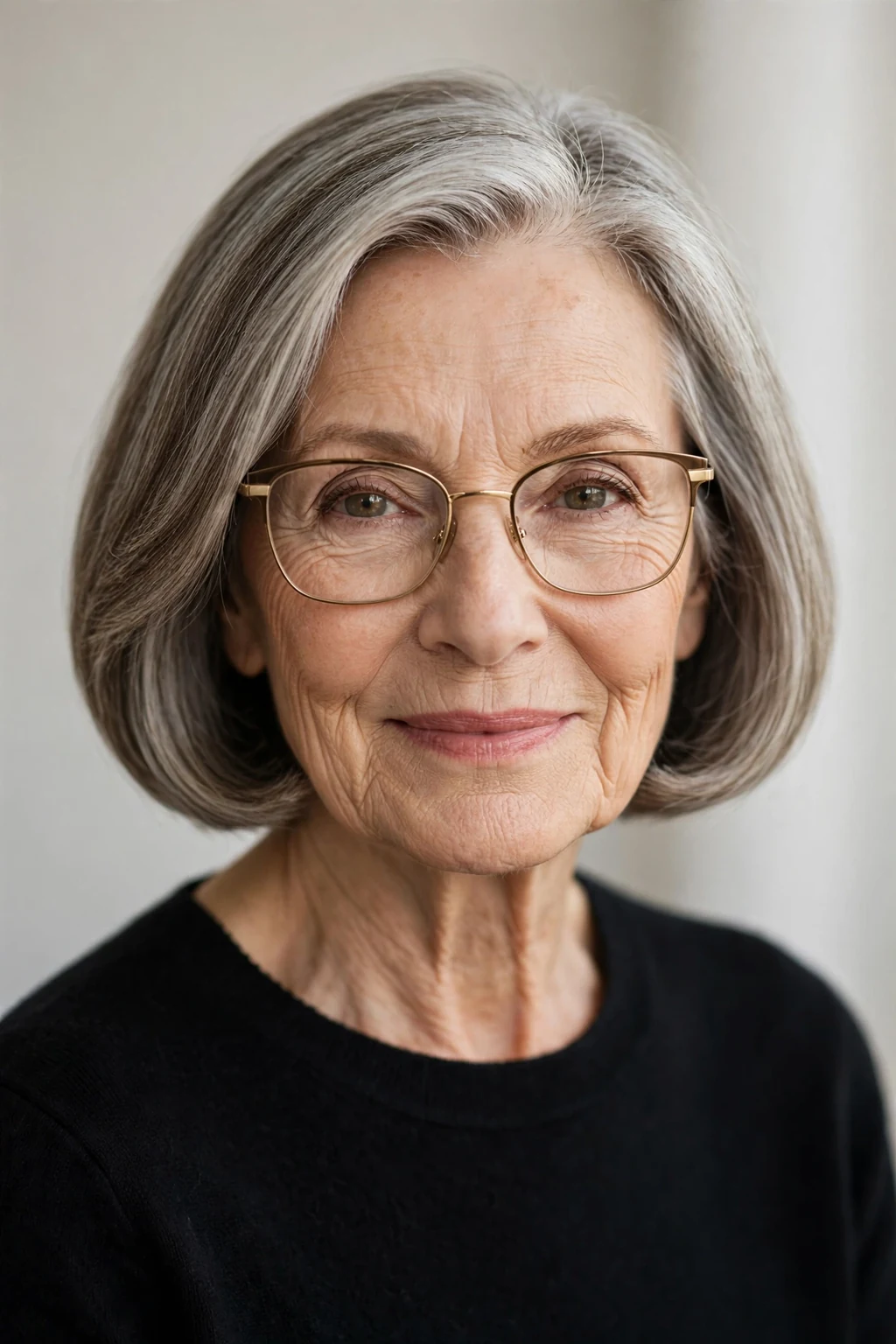 Elegant woman over 60 with glasses and timeless bob, classic beautiful cut, warm light.