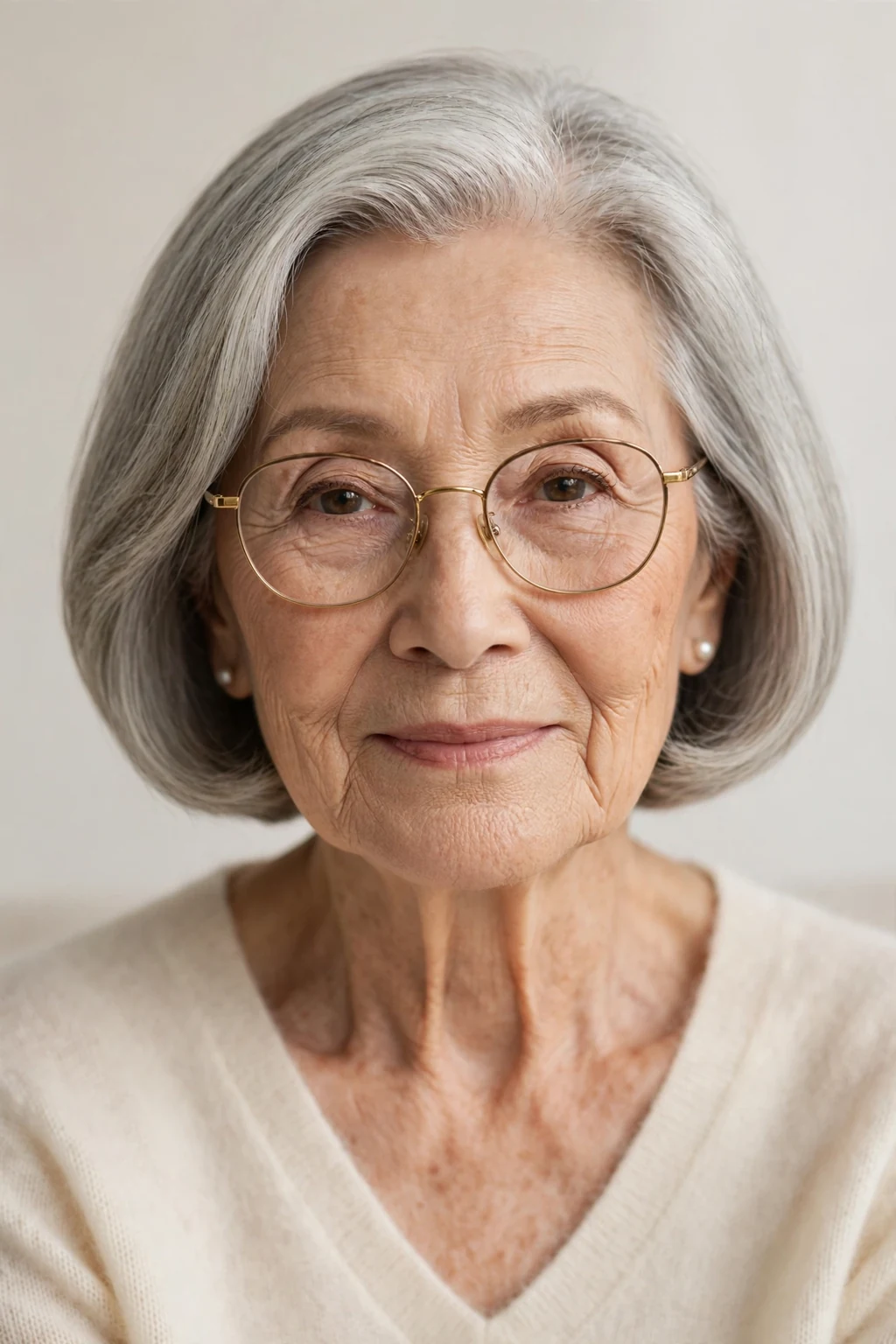 Elegant woman over 70 with glasses and timeless bob, classic beautiful cut, warm light.