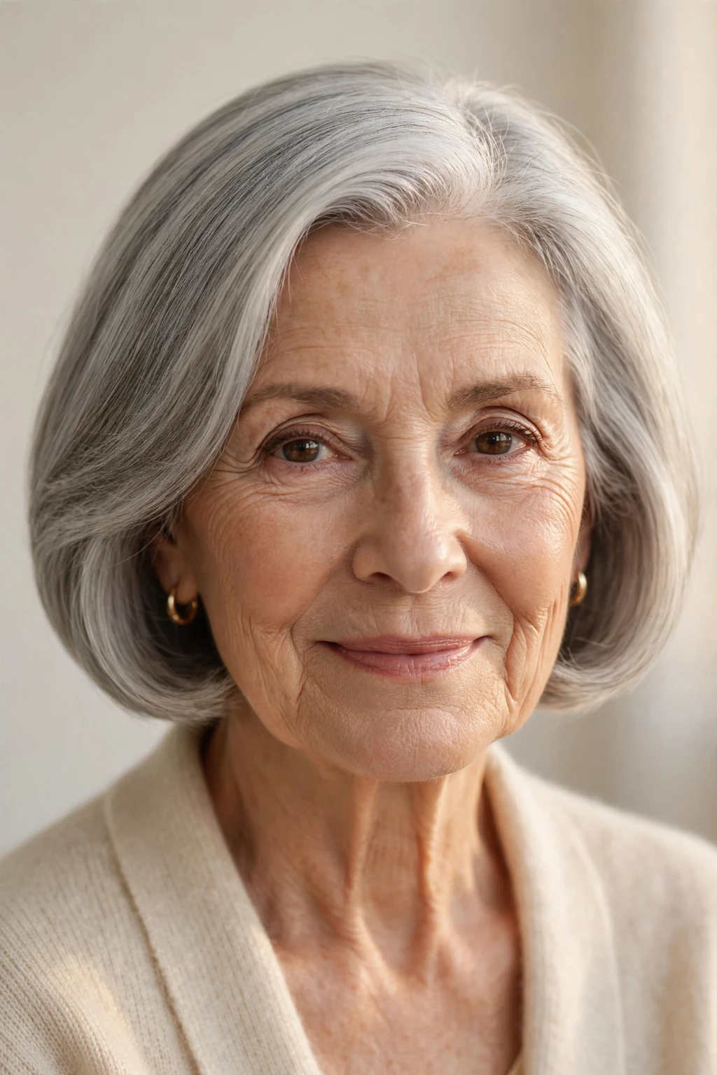 Elegant woman over 70 with timeless bob, classic beautiful cut, warm light.
