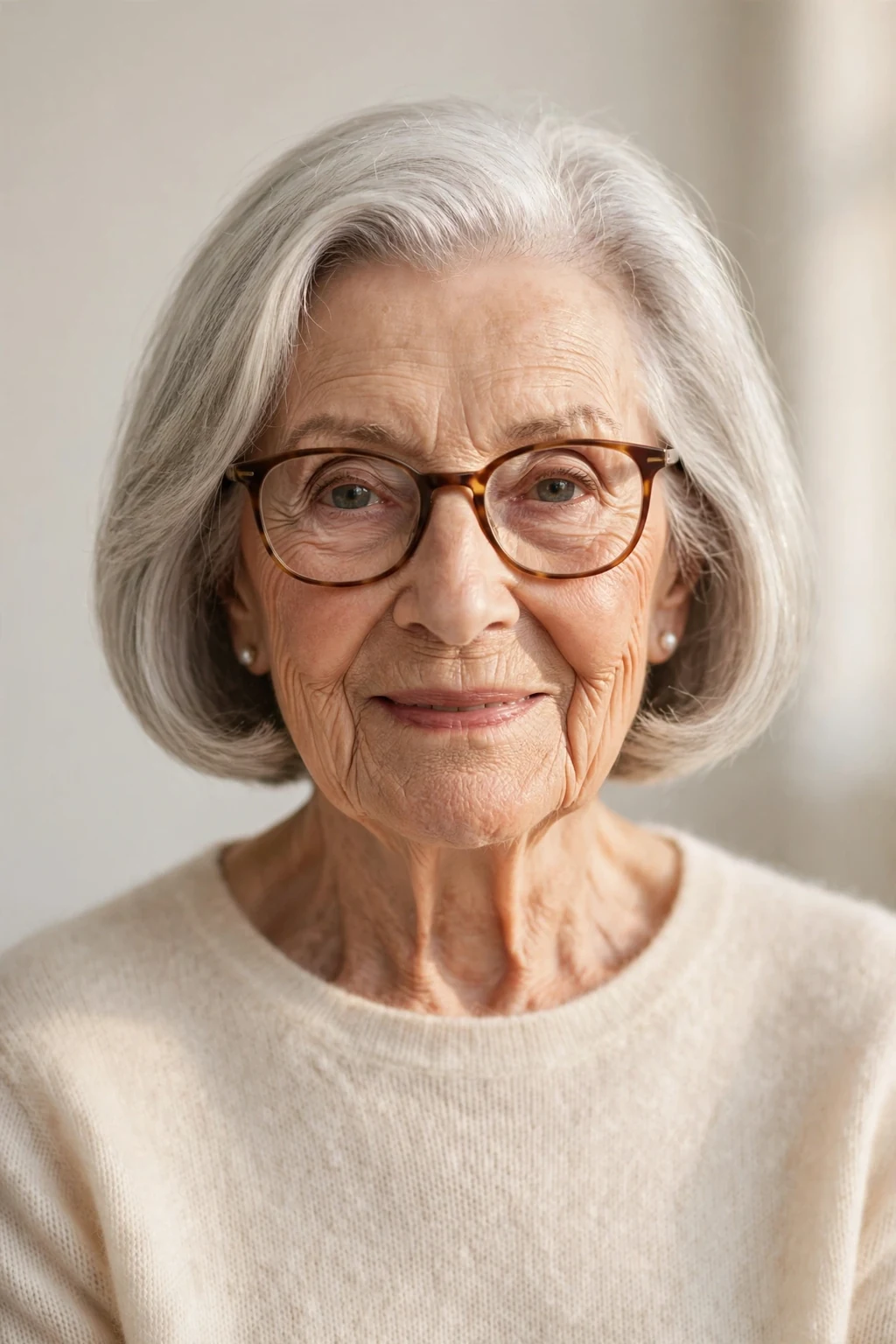 Elegant woman over 80 with glasses and timeless bob, classic beautiful cut, warm light.