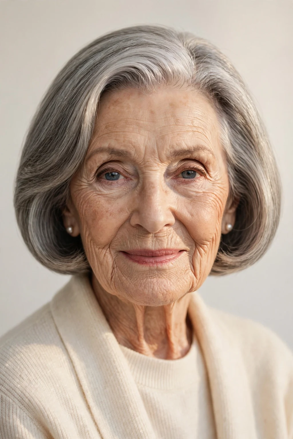 Elegant woman over 80 with timeless bob, classic beautiful cut, warm light.