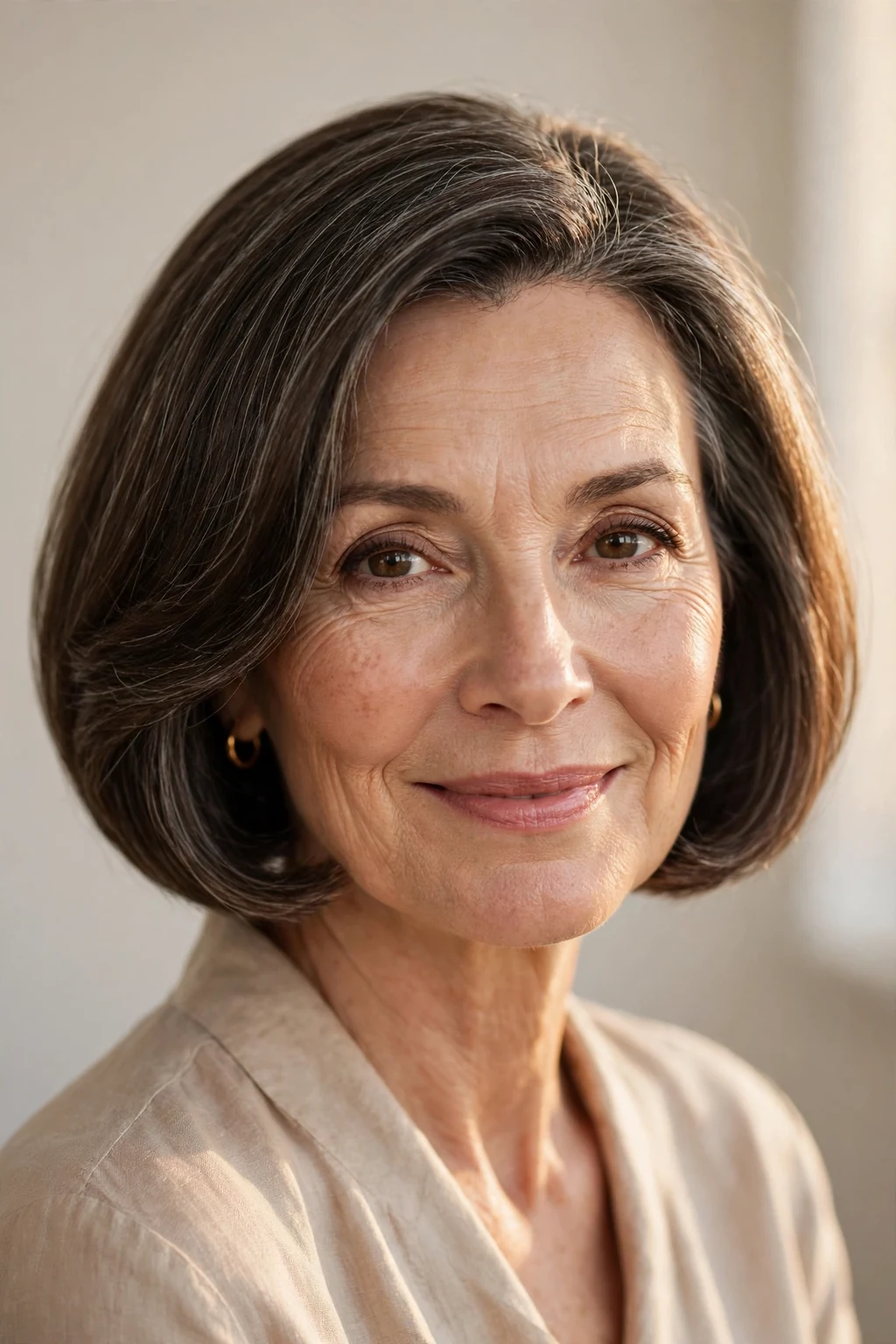 Elegant woman over 50 with timeless bob, classic beautiful cut, warm light.
