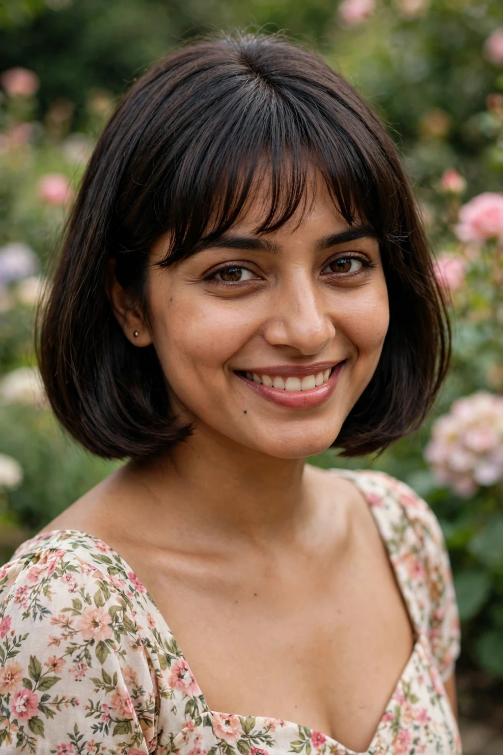 Beautiful woman with timeless bob with bangs, classic bob with soft bangs, charming light.