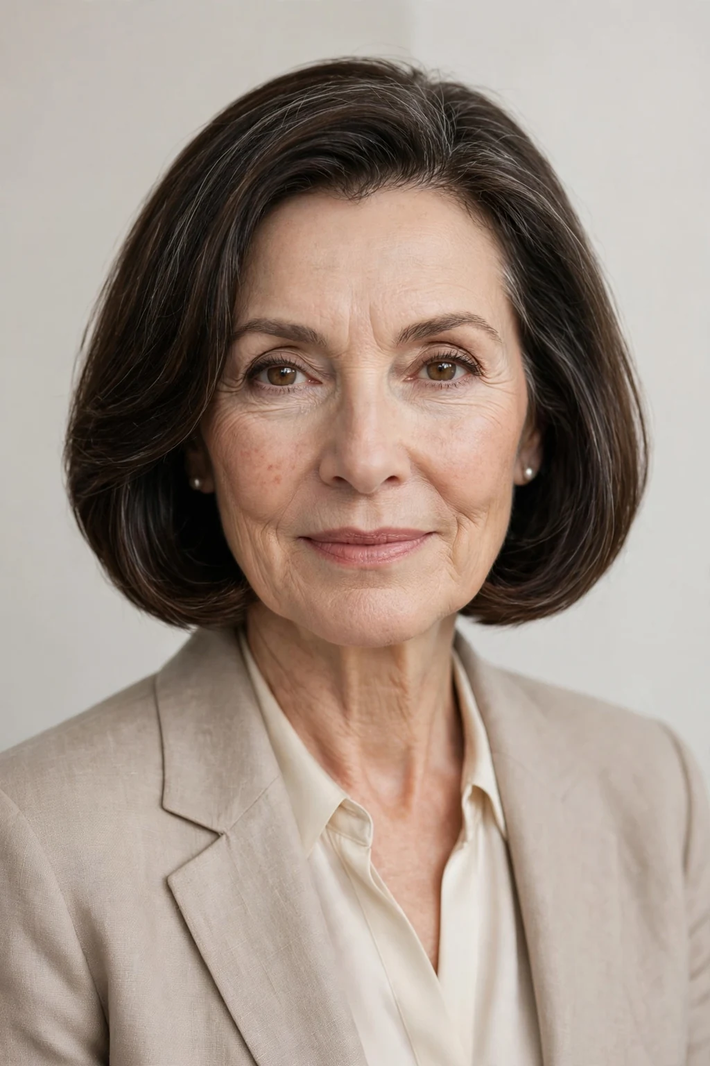 Elegant woman over 50 with timeless chin-length bob, classic beautiful cut, refined light.