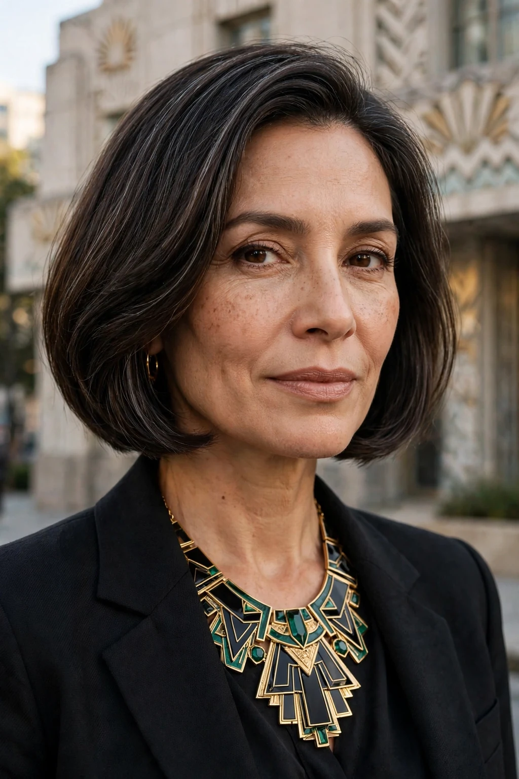 Beautiful woman with timeless ear-length bob, chic ear-length bob, bold light.