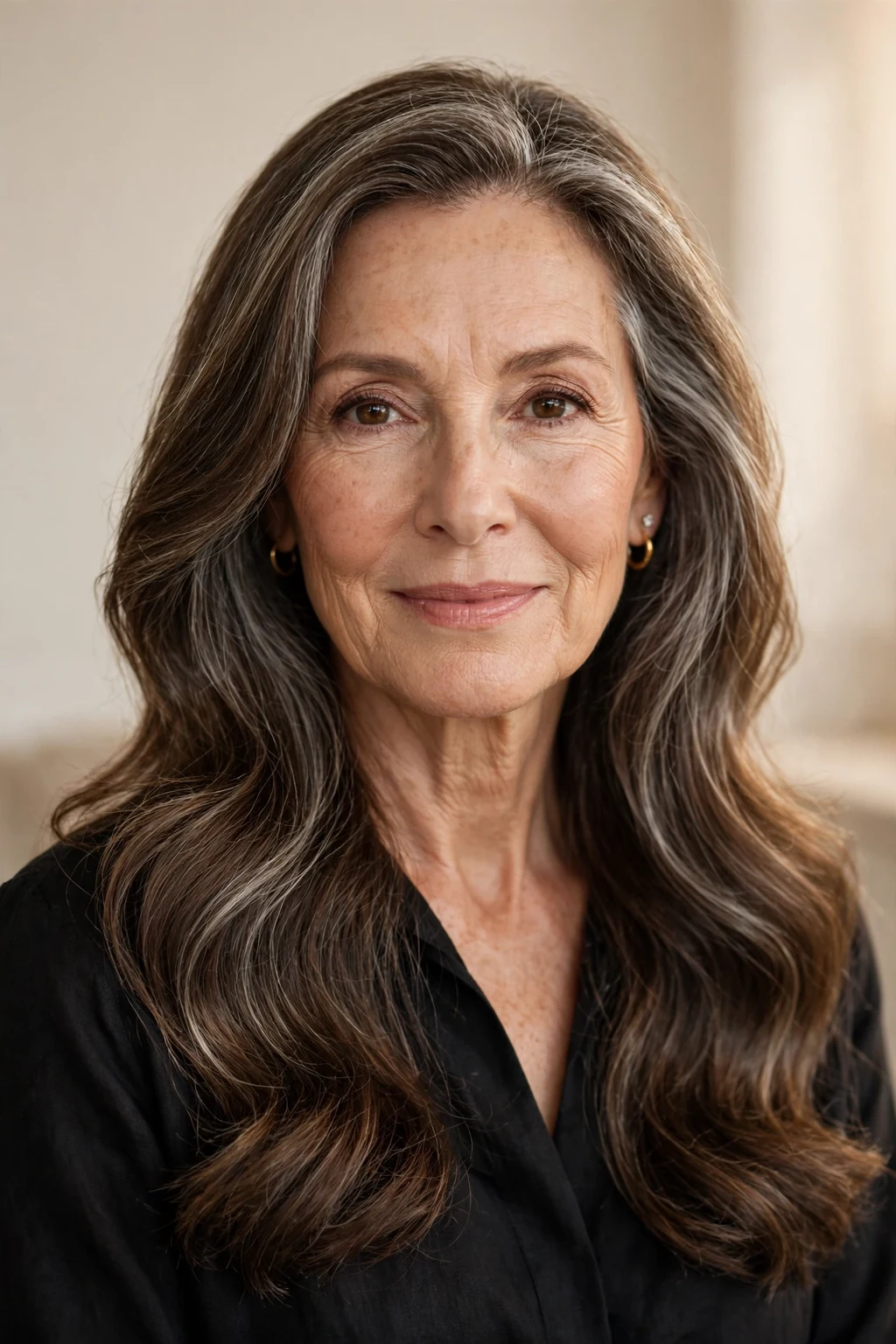 Elegant woman over 50 with timeless long locks, classic beautiful hair, warm light.