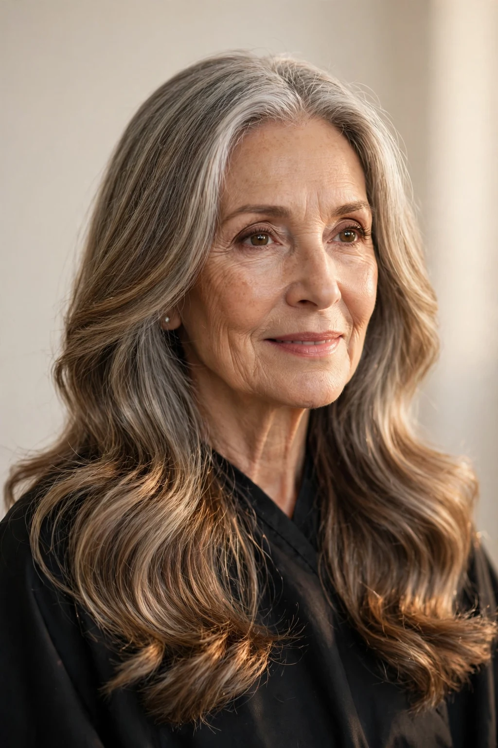 Elegant woman over 60 with timeless long locks, classic beautiful hair, warm light.