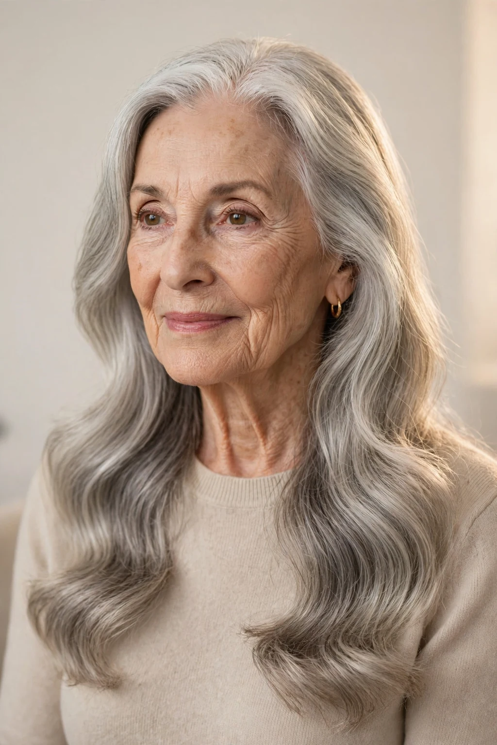 Elegant woman over 70 with timeless long locks, classic beautiful hair, warm light.