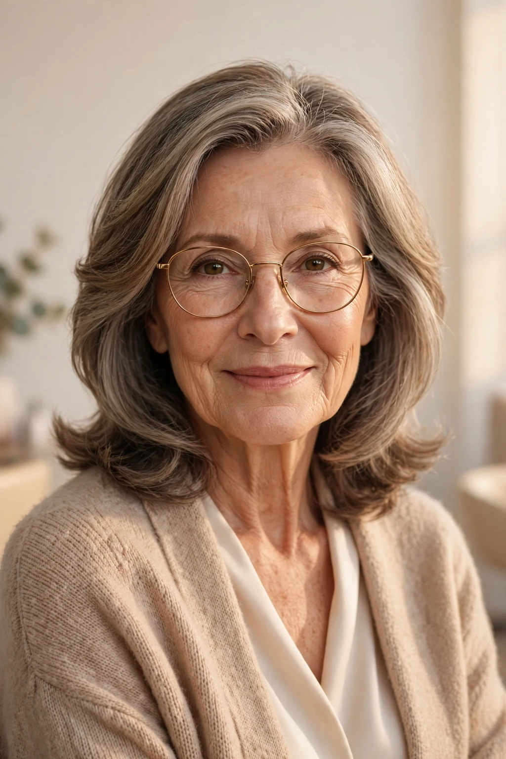 Elegant woman over 60 with glasses and timeless medium cut, classic beautiful style, warm light.