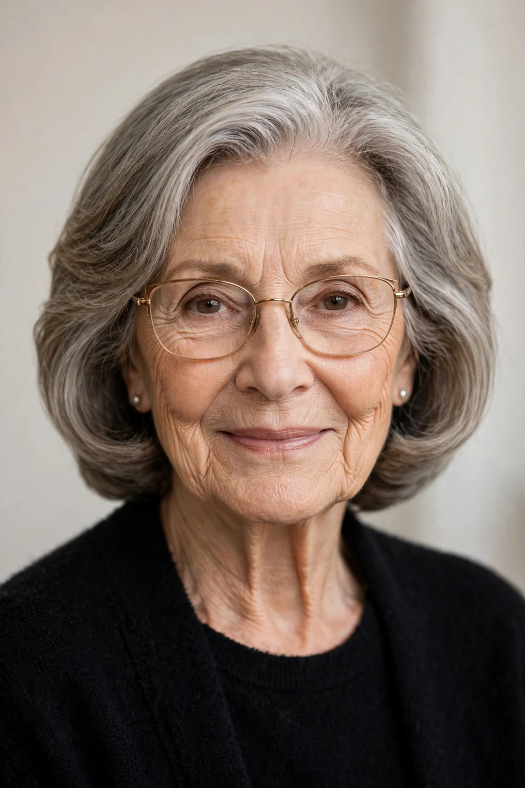 Elegant woman over 70 with glasses and timeless medium cut, classic beautiful style, warm light.