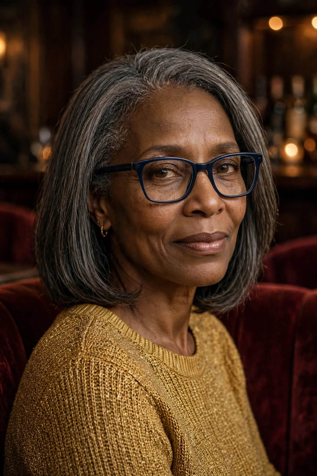 Elegant older woman over 50 with fine hair and glasses and timeless medium cut, classic beautiful style, warm light.