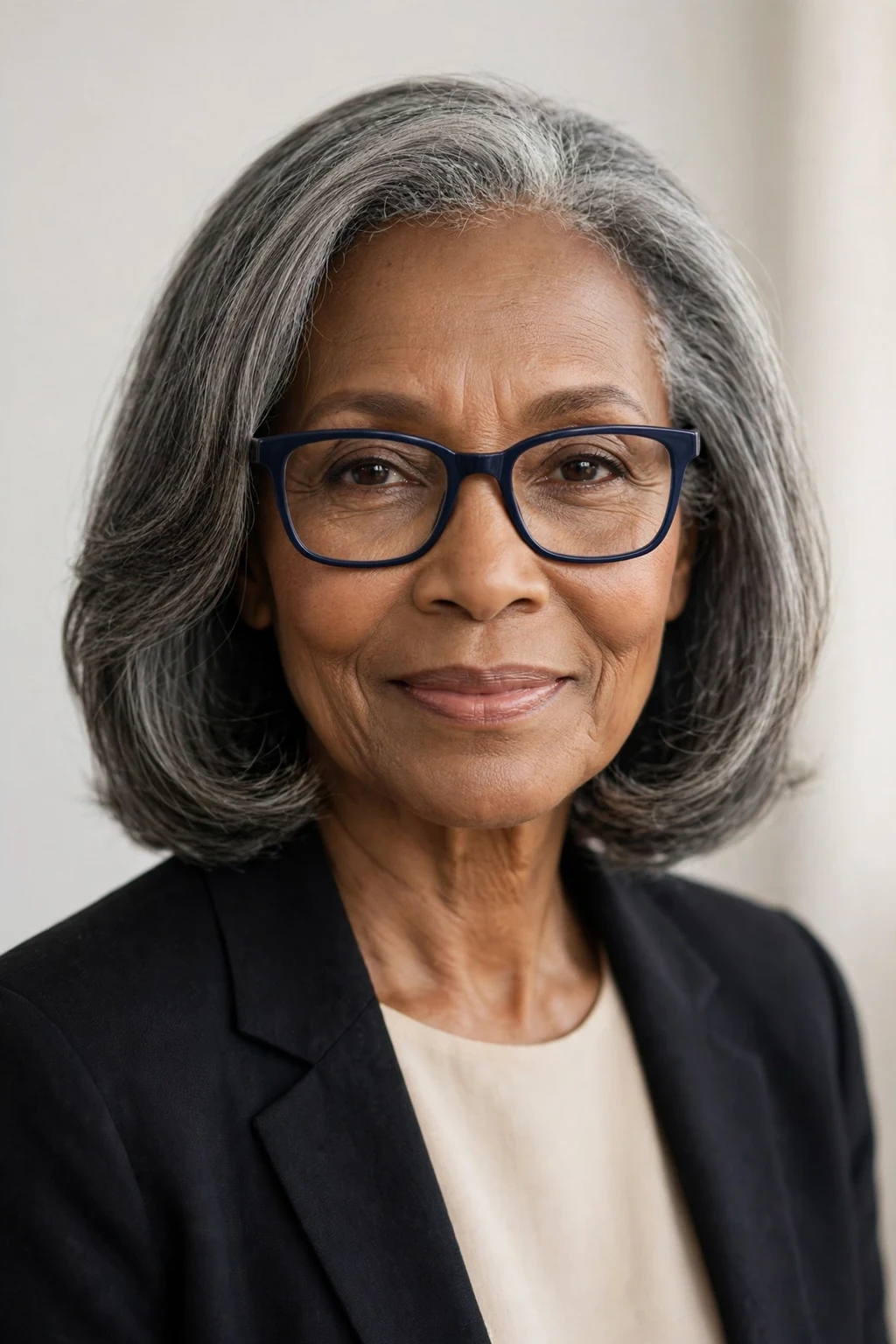 Elegant woman over 60 with fine hair and glasses and timeless medium cut, classic beautiful style, warm light.