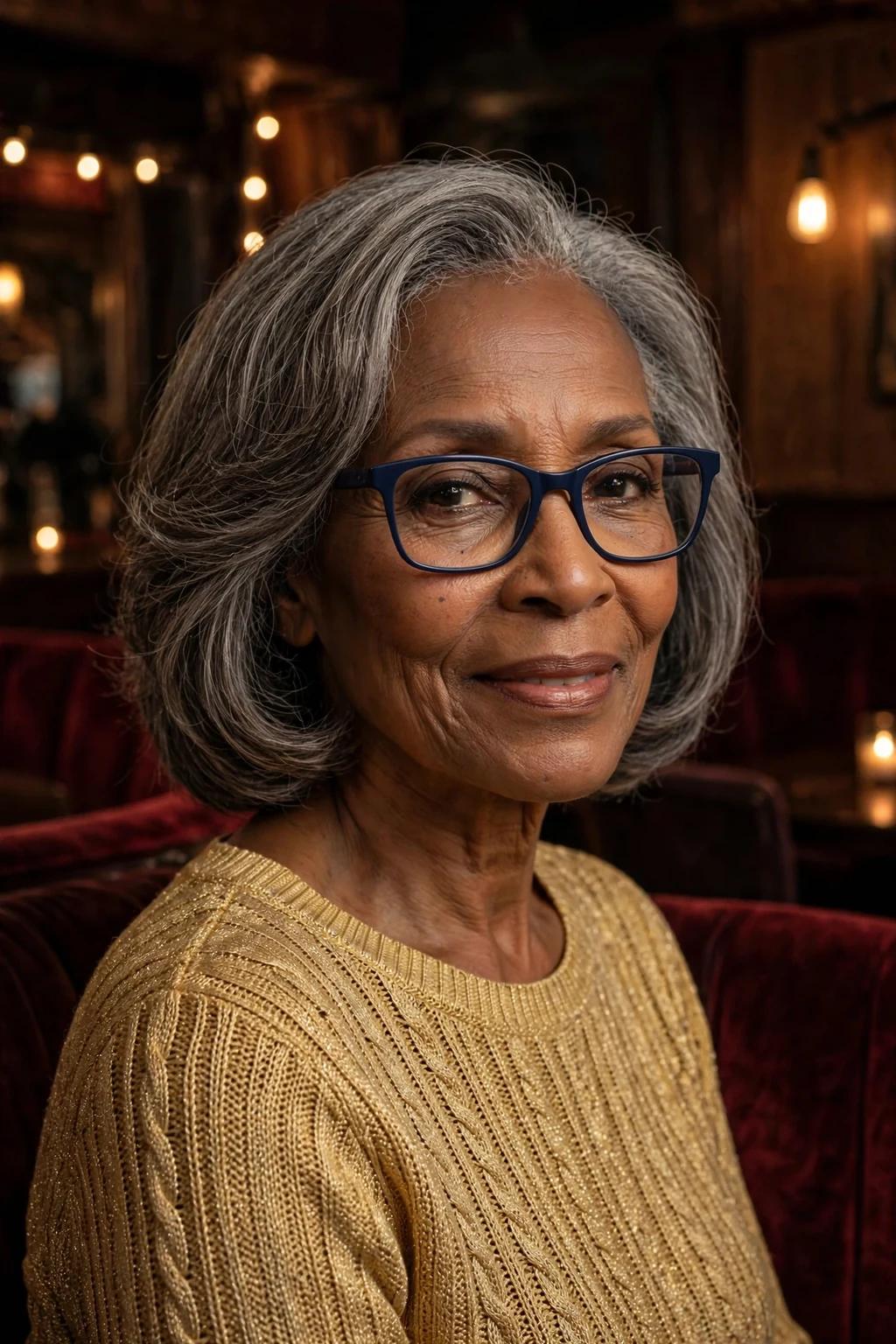 Elegant woman over 60 with fine hair and glasses and timeless medium cut, classic beautiful style, warm light.