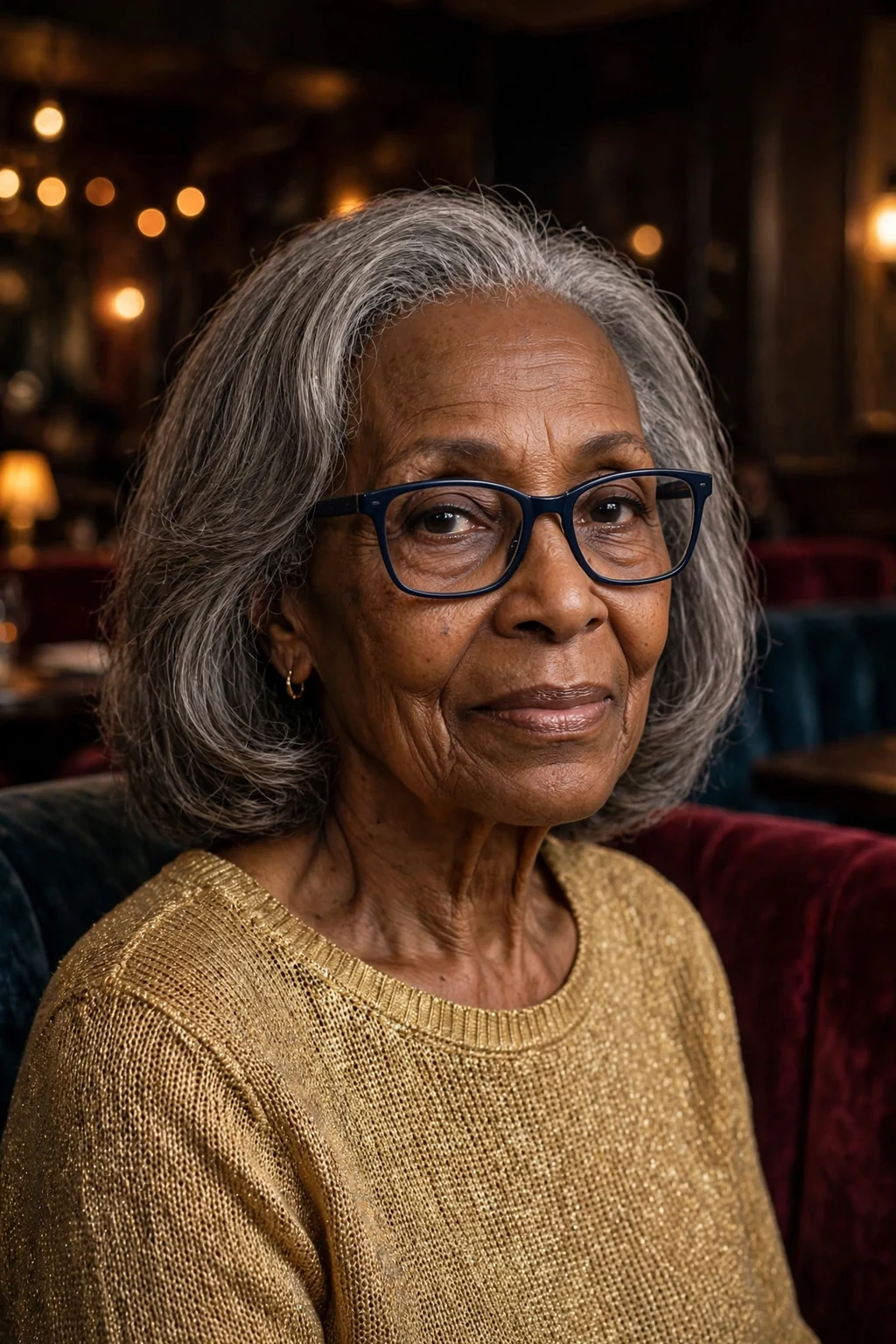 Elegant older woman over 70 with fine hair and glasses and timeless medium cut, classic beautiful style, warm light.