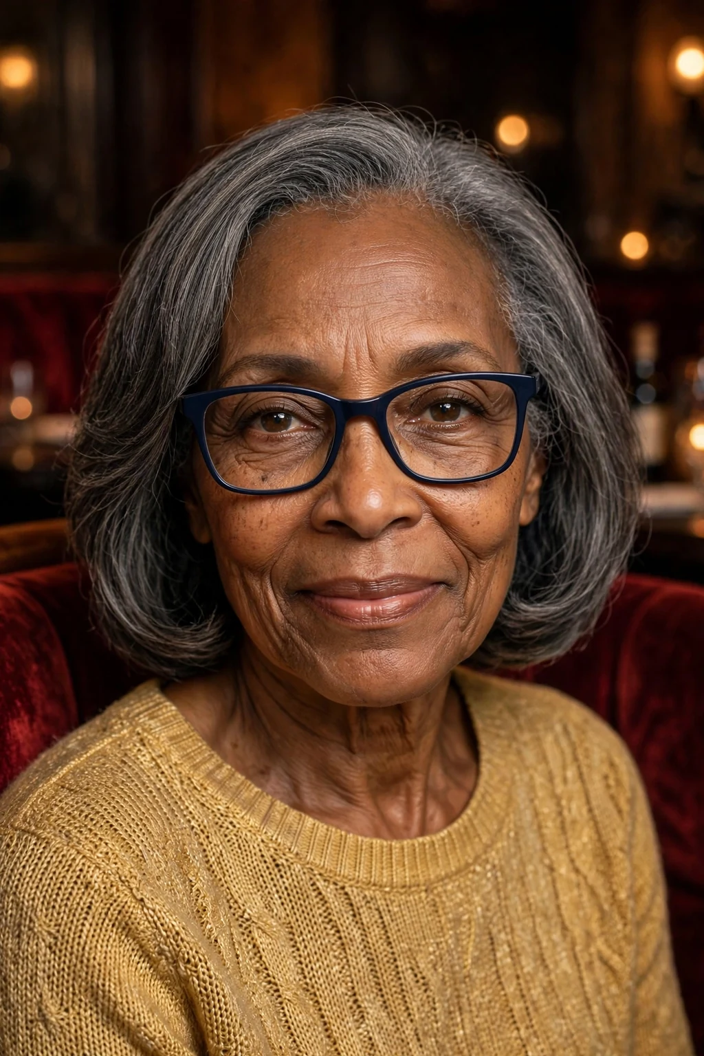Elegant woman over 60 with fine hair and glasses and timeless medium cut, classic beautiful style, warm light.