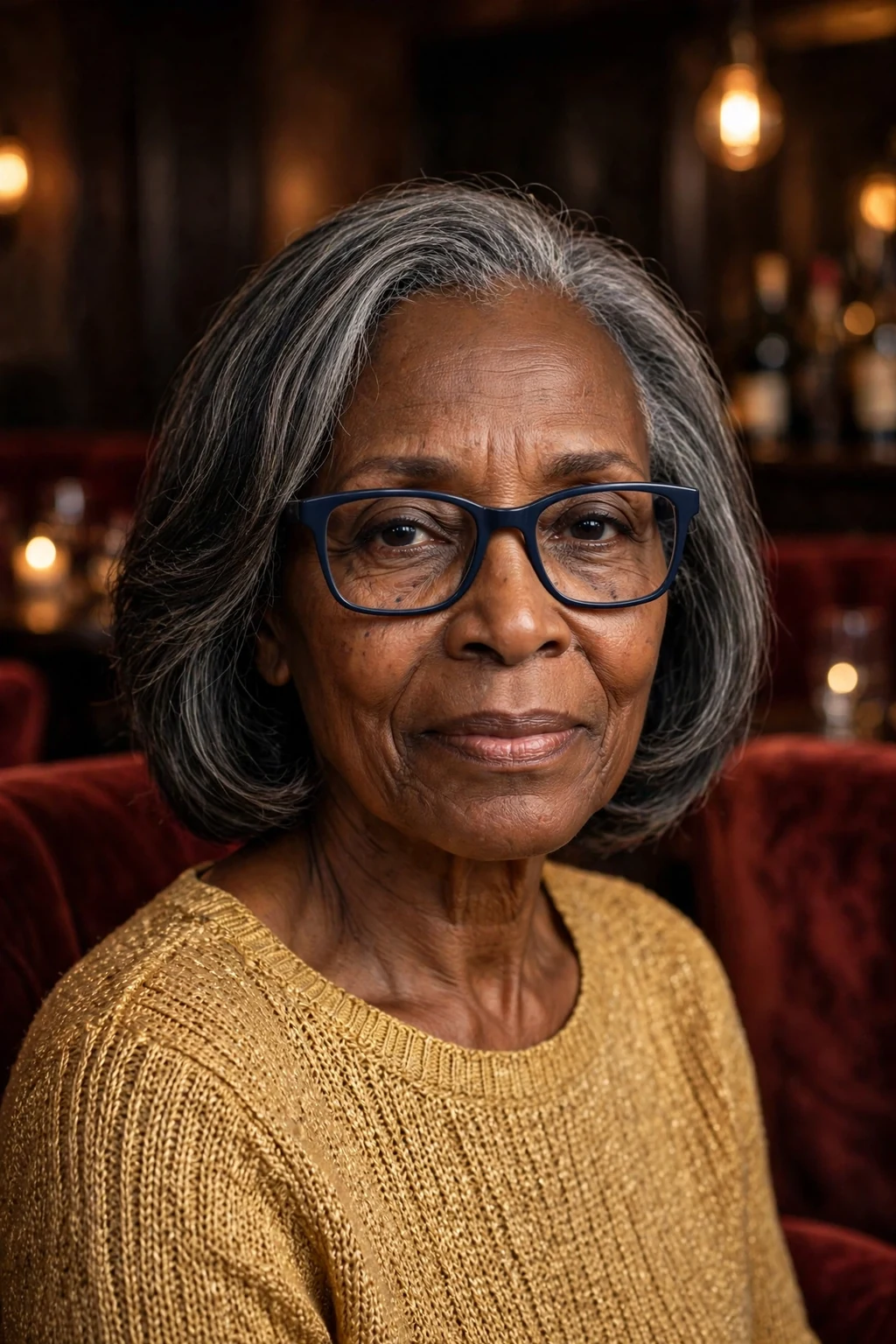 Elegant woman over 60 with fine hair and glasses and timeless medium cut, classic beautiful style, warm light.
