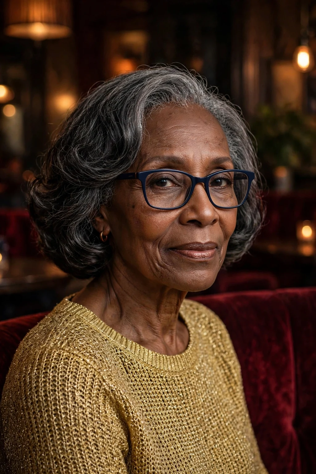 Elegant older woman with fine hair and glasses and timeless medium cut, classic beautiful style, warm light.