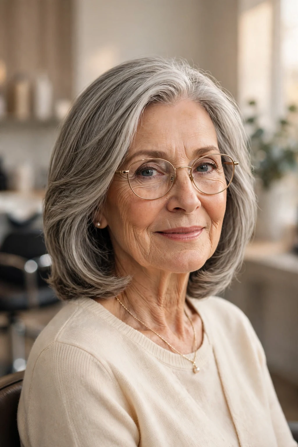 Elegant older woman with glasses and timeless medium cut, classic beautiful style, warm light.