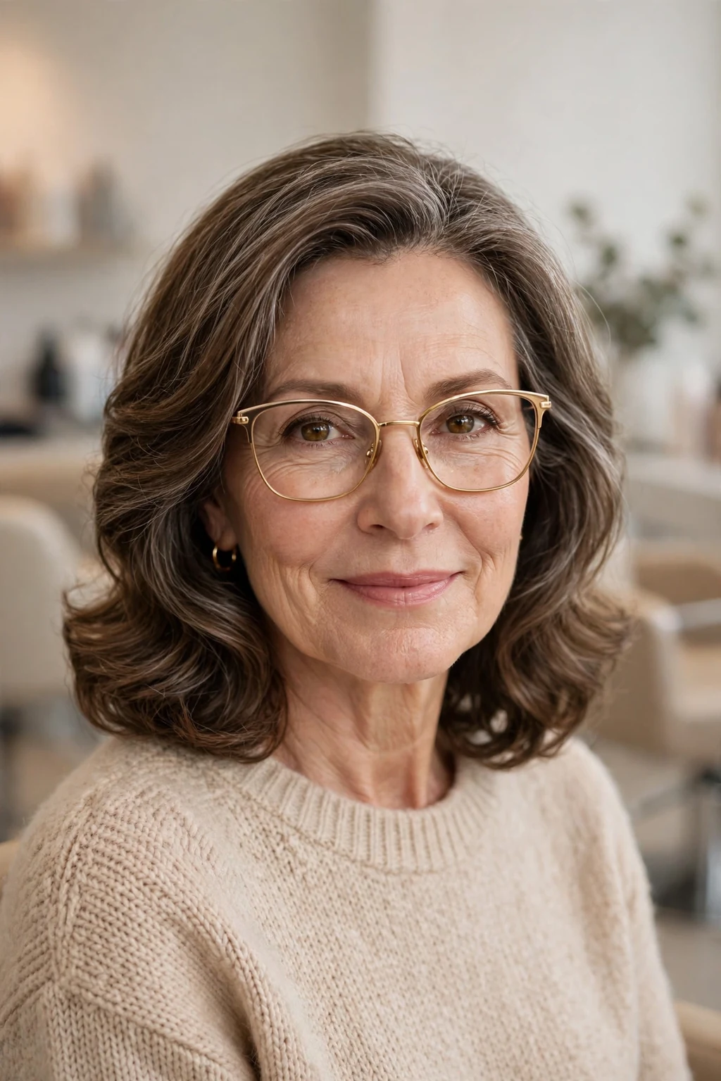 Elegant woman over 50 with glasses and timeless medium-length style, classic beautiful hair, warm light.