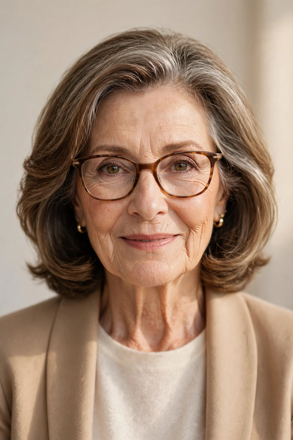 Elegant woman over 60 with glasses and timeless medium-length style, classic beautiful hair, warm light.