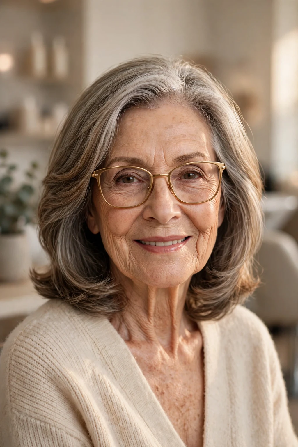 Elegant woman over 70 with glasses and timeless medium-length style, classic beautiful hair, warm light.