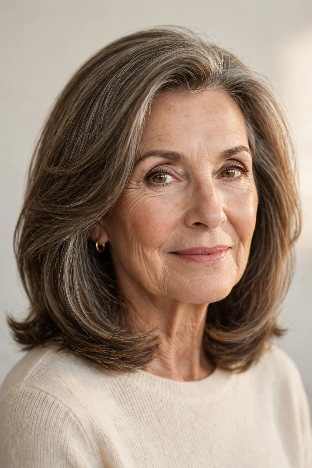 Elegant woman over 60 with timeless medium style, classic beautiful hair, warm light.