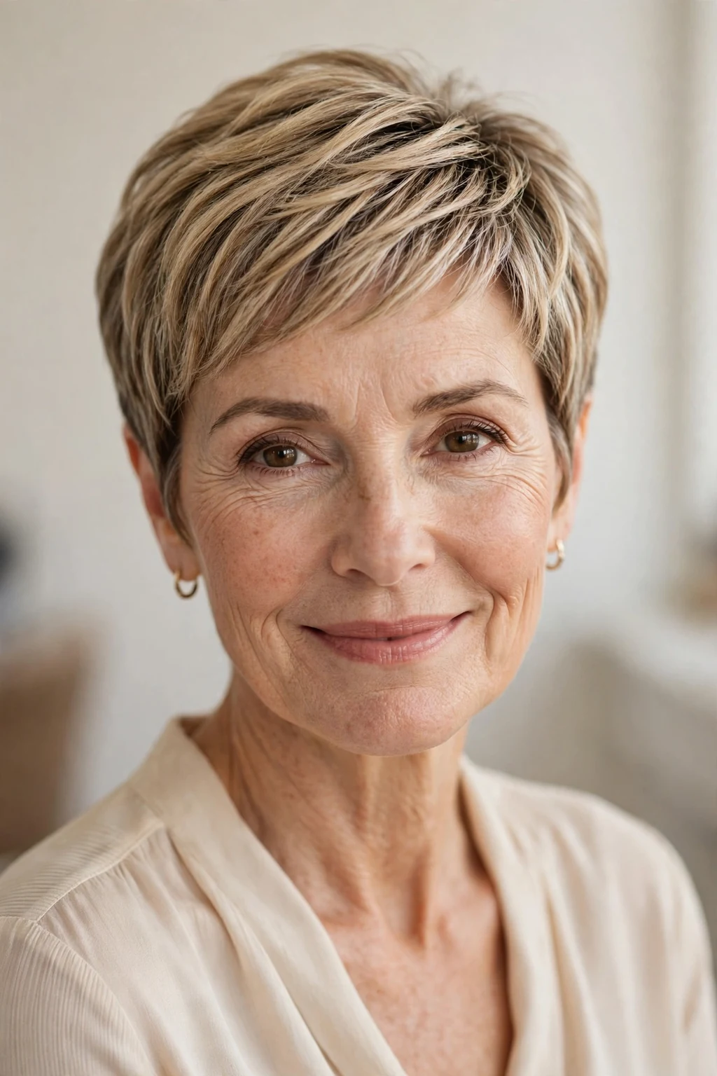 Elegant woman over 50 with timeless pixie, classic beautiful crop, warm light.