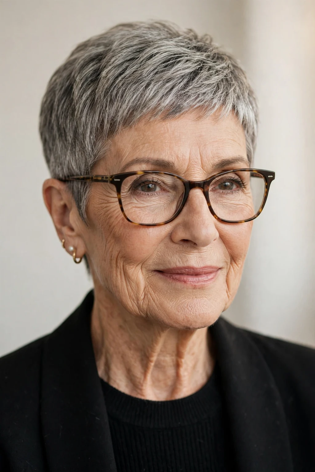 Elegant woman over 60 with glasses and timeless pixie, classic beautiful crop, warm light.