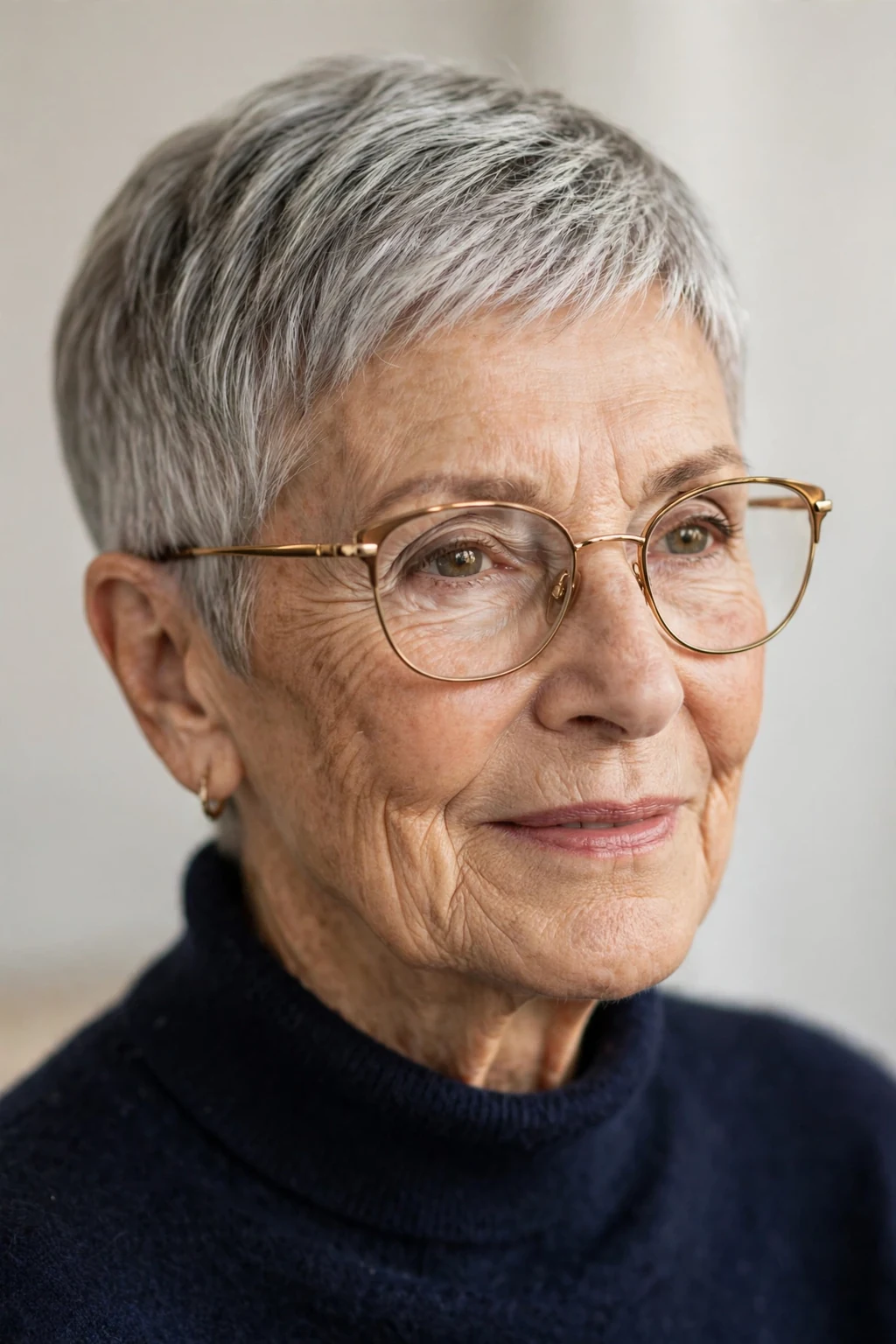 Elegant woman over 70 with glasses and timeless pixie, classic beautiful crop, warm light.