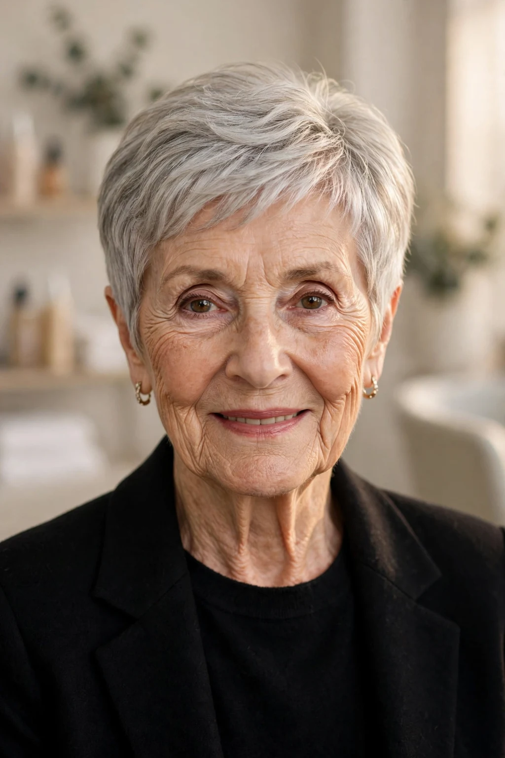 Elegant woman over 70 with timeless pixie, classic beautiful crop, warm light.