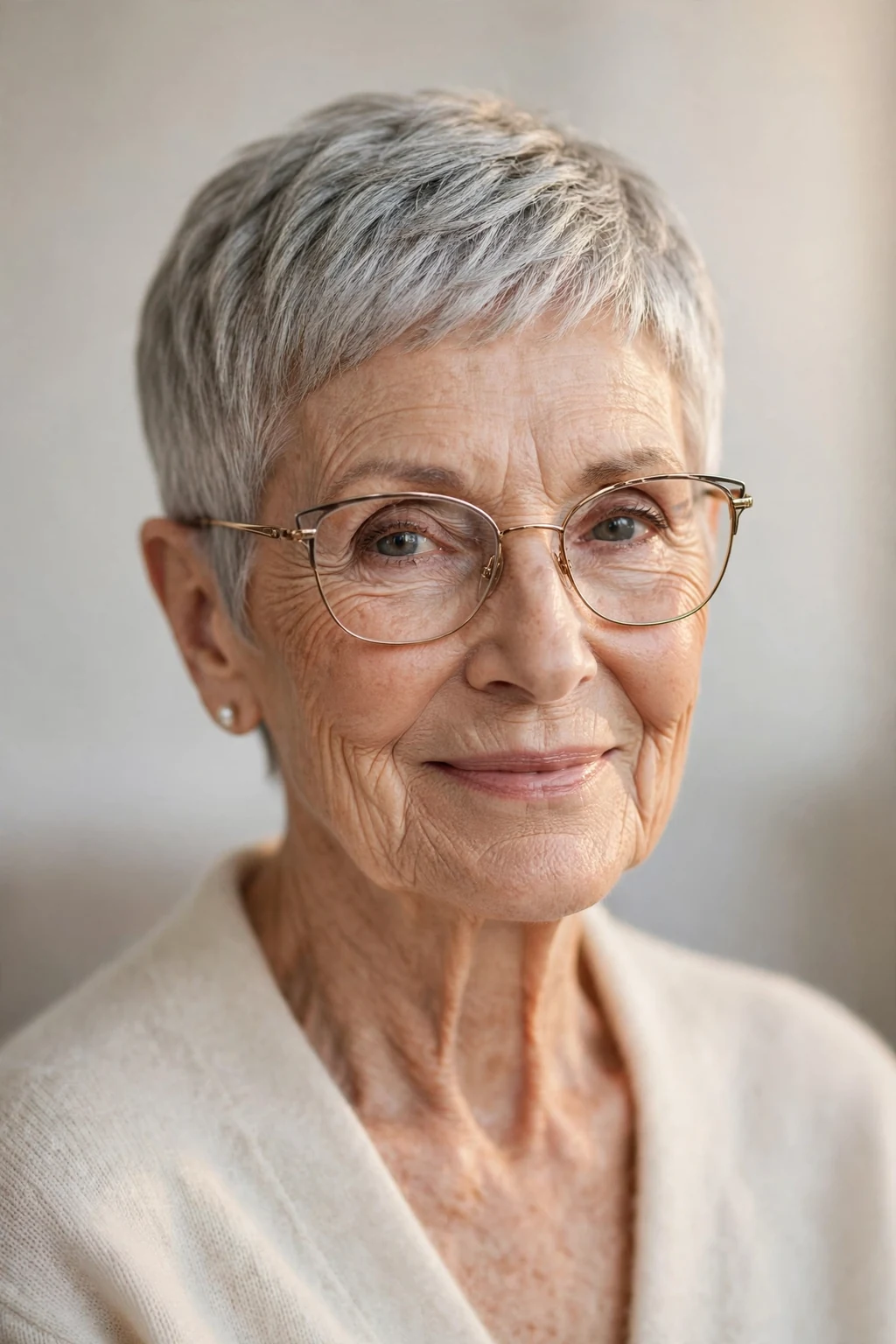 Elegant woman over 80 with glasses and timeless pixie, classic beautiful crop, warm light.