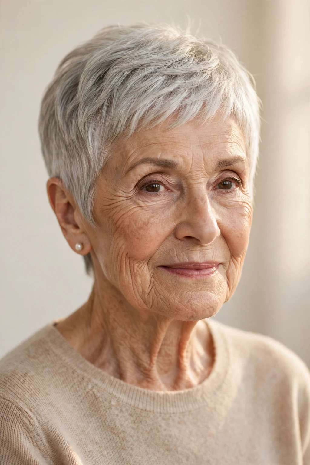 Elegant woman over 80 with timeless pixie, classic beautiful crop, warm light.