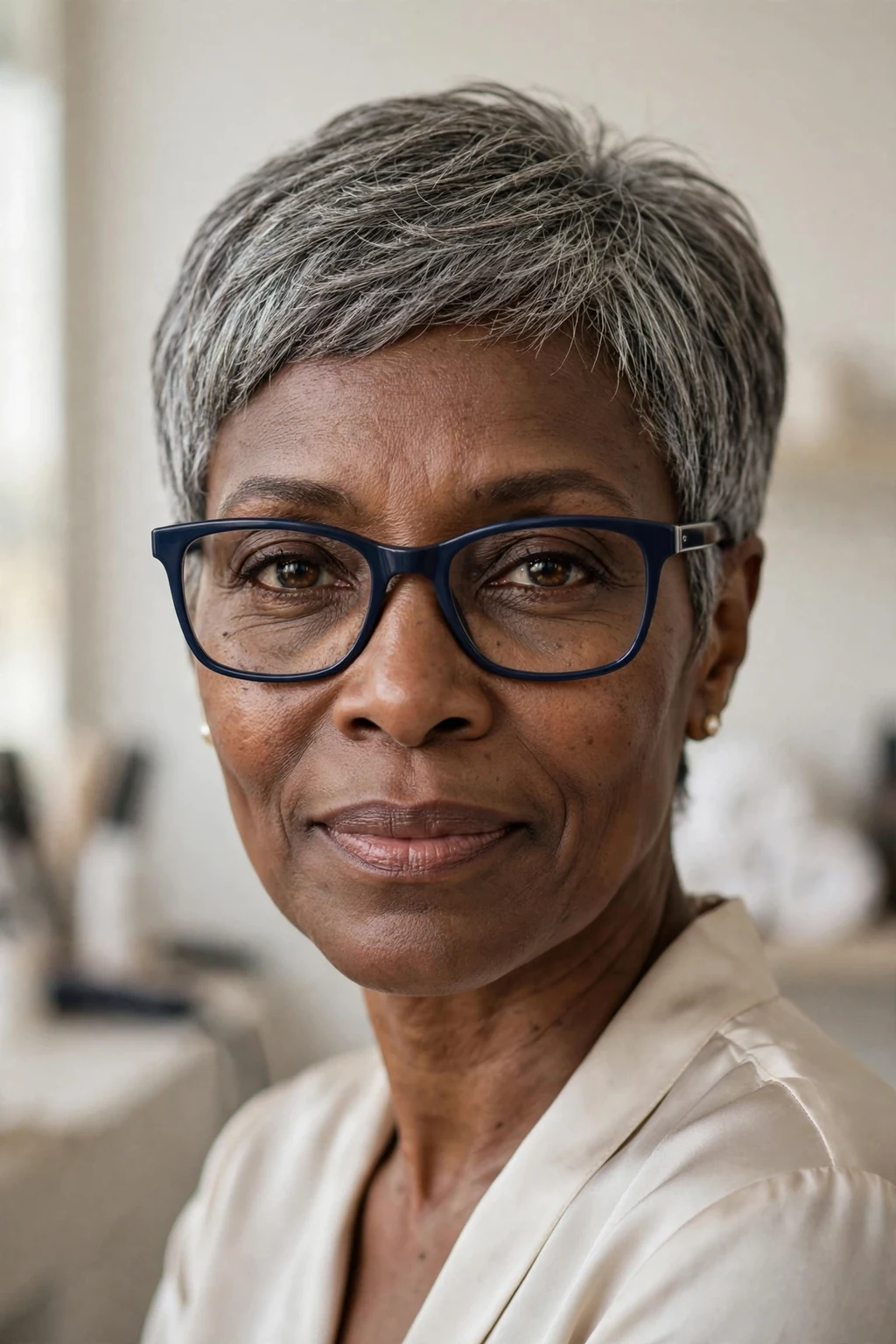 Elegant woman over 50 with fine hair and glasses and timeless pixie cut, classic beautiful style, warm light.