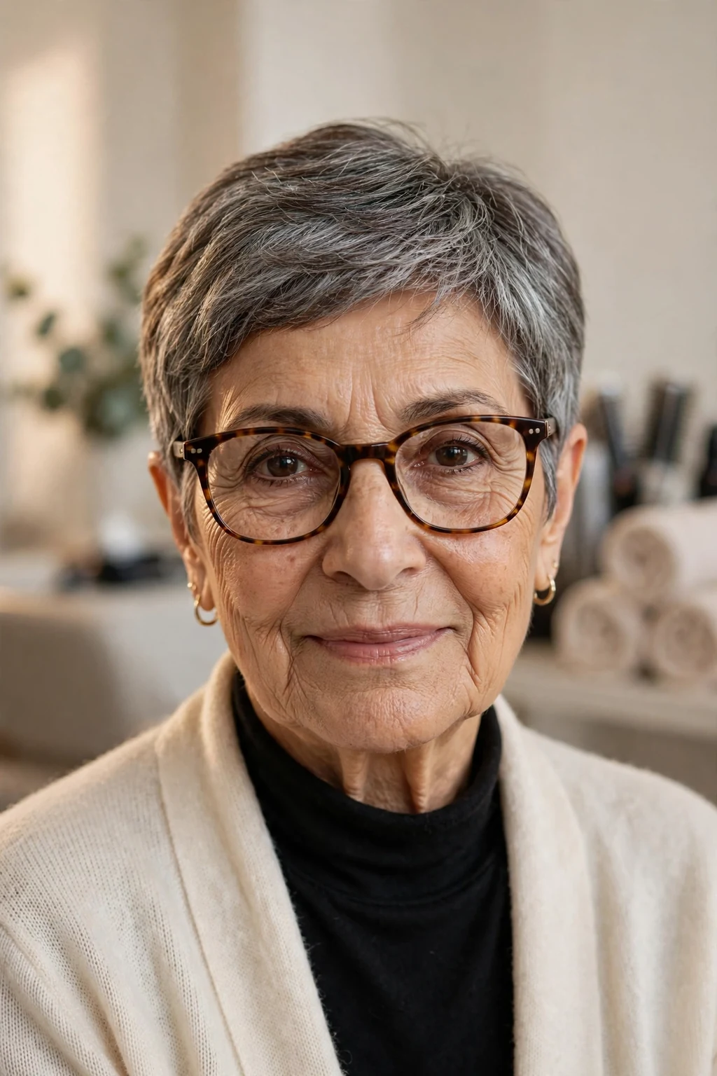 Elegant older woman with fine hair and glasses and timeless pixie cut, classic beautiful style, warm light.