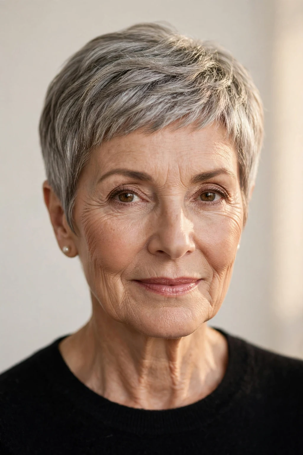 Elegant older woman with timeless pixie, classic beautiful crop, warm light.