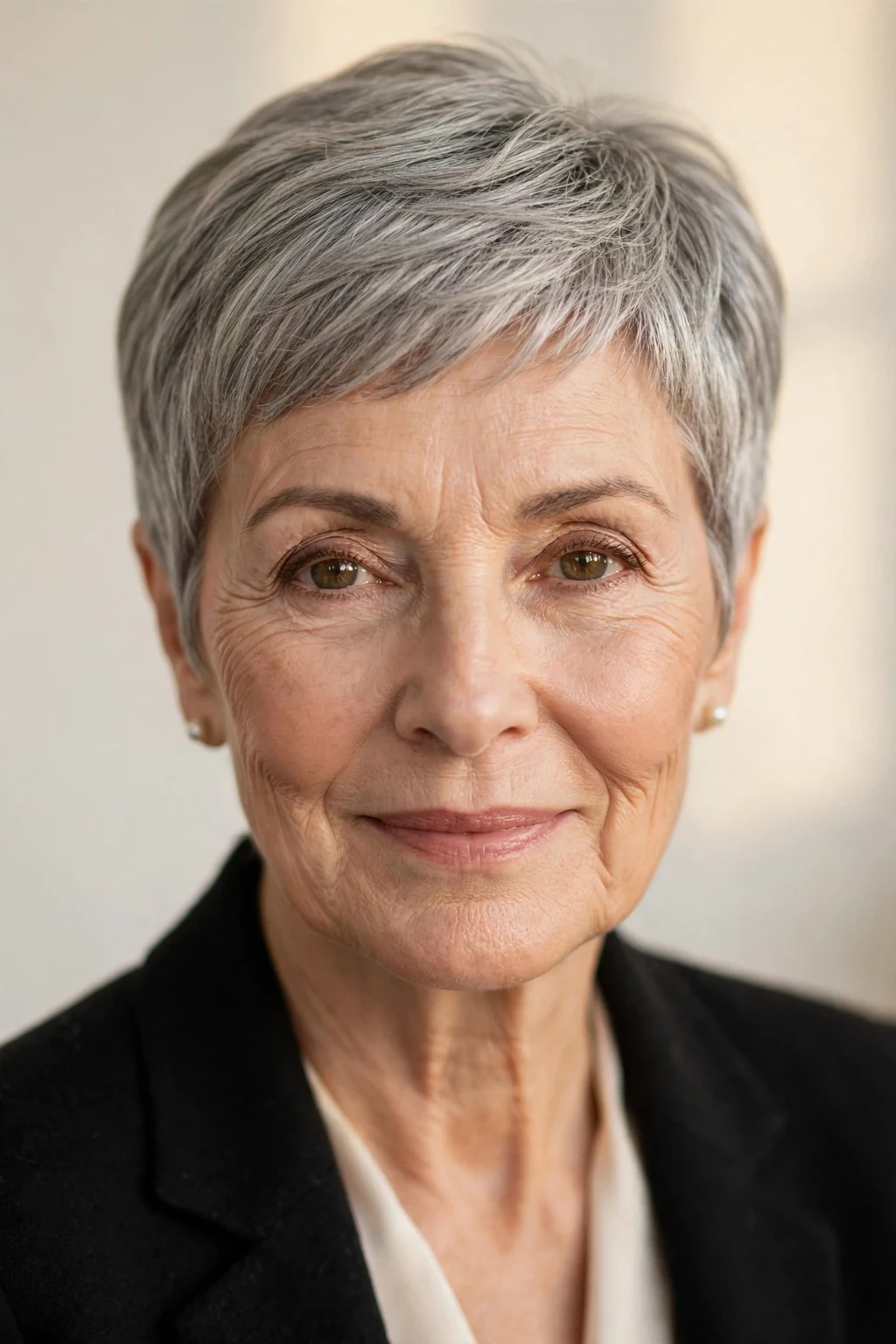 Elegant woman over 60 with timeless pixie style, classic beautiful crop, warm light.