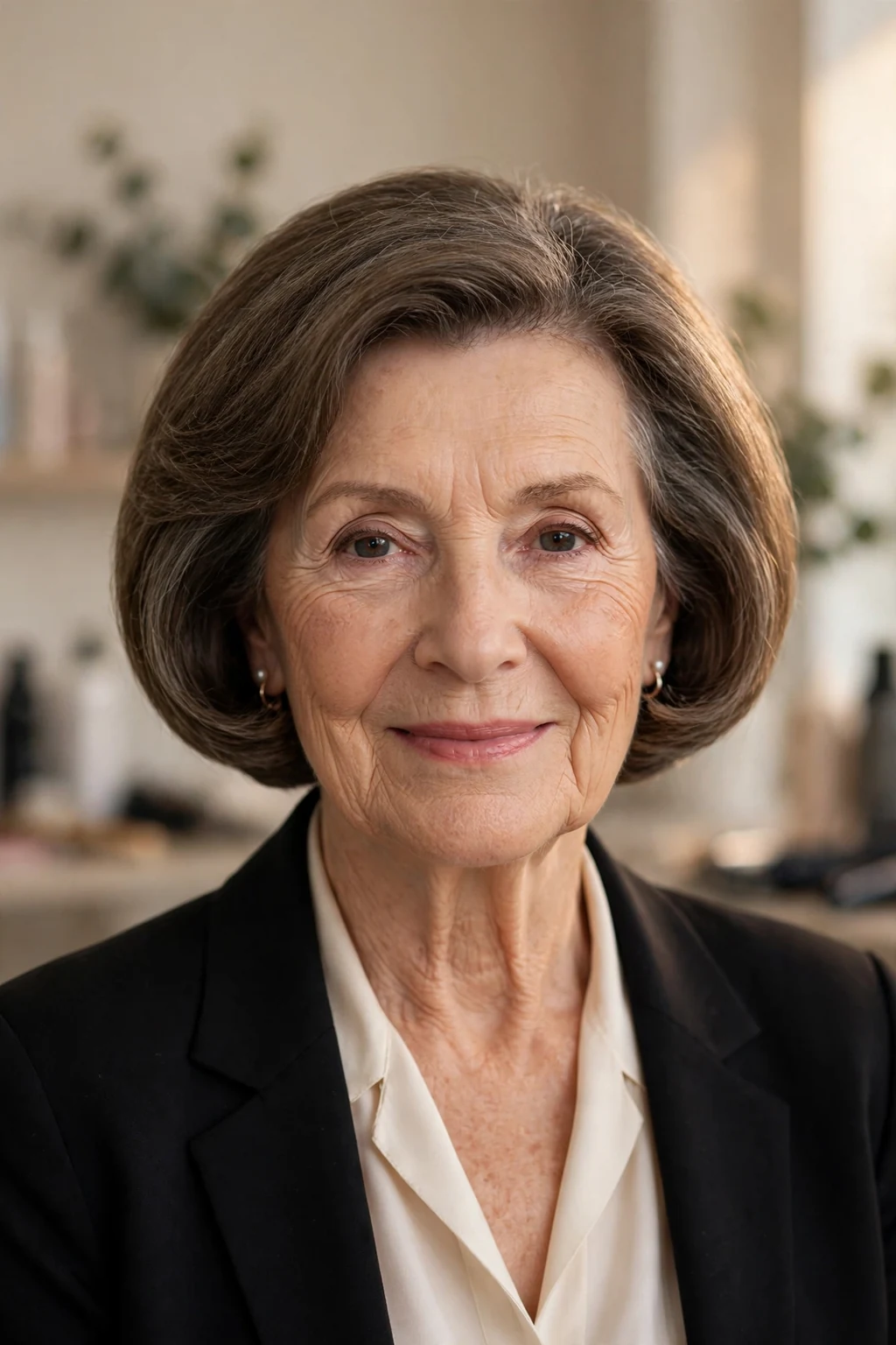 Elegant woman over 60 with timeless rounded bob, classic beautiful shape, warm light.