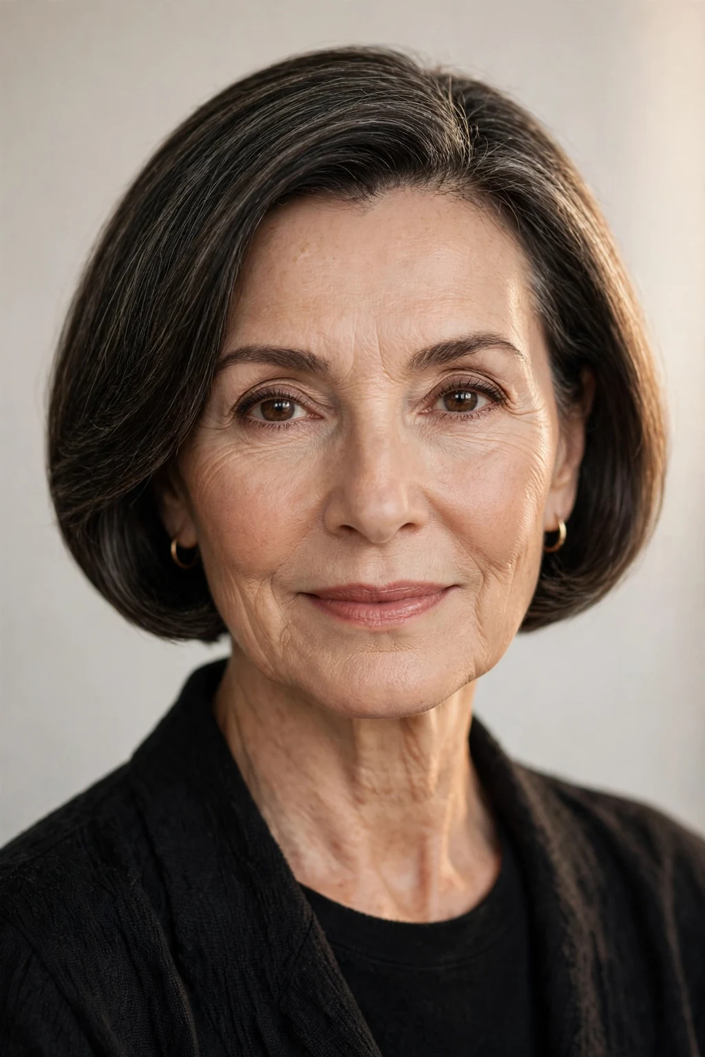 Elegant woman over 50 with timeless short bob, classic beautiful crop, warm light.