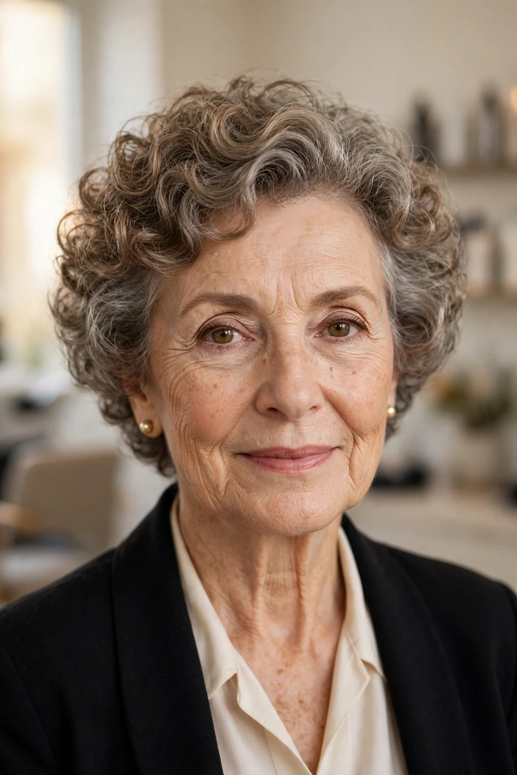 Elegant woman over 60 with timeless short curly style, classic beautiful curls, warm light.