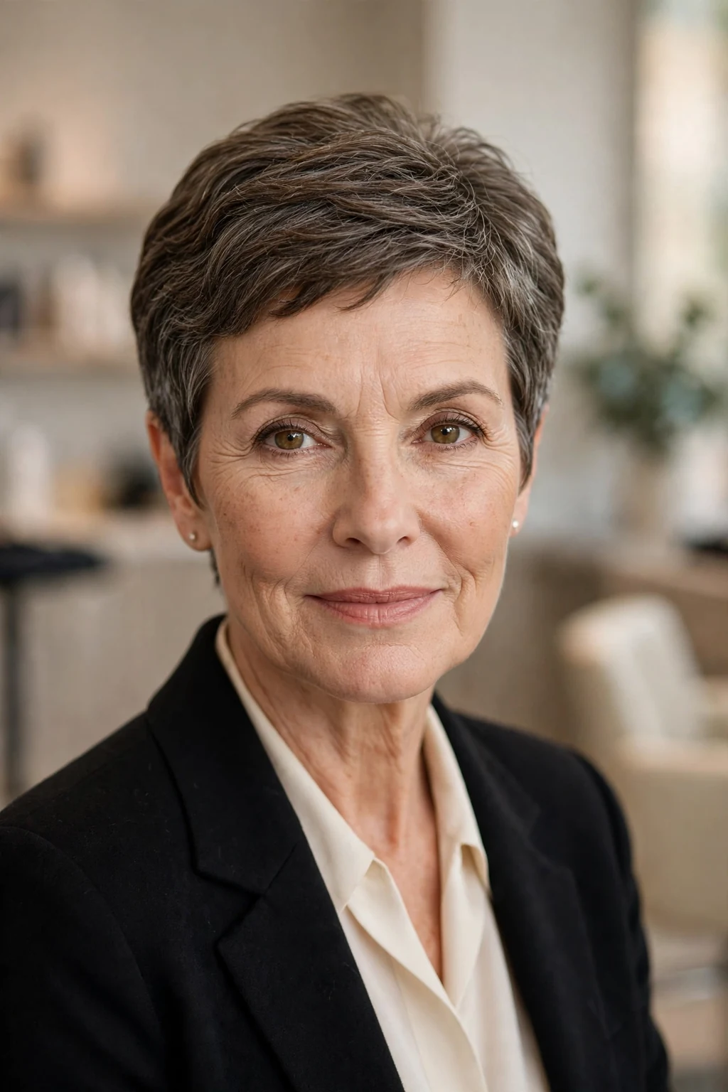Elegant woman over 50 with timeless short cut, classic beautiful style, warm light.