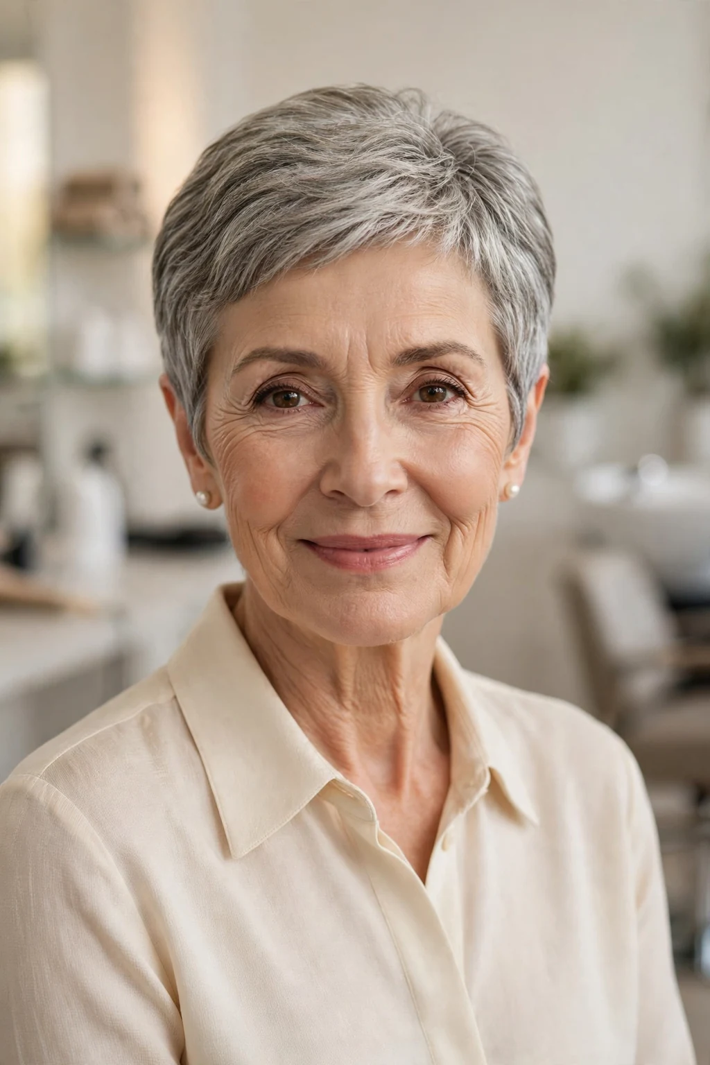 Elegant woman over 60 with timeless short cut, classic beautiful style, warm light.