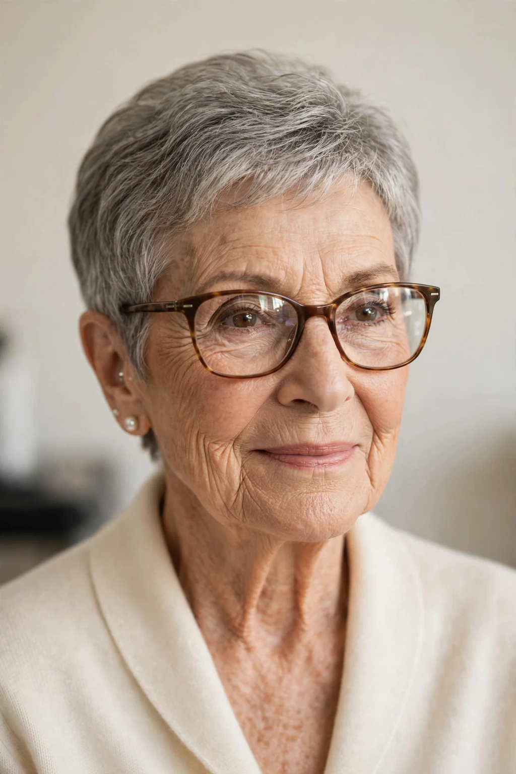 Elegant woman over 70 with glasses and timeless short cut, classic beautiful style, warm light.