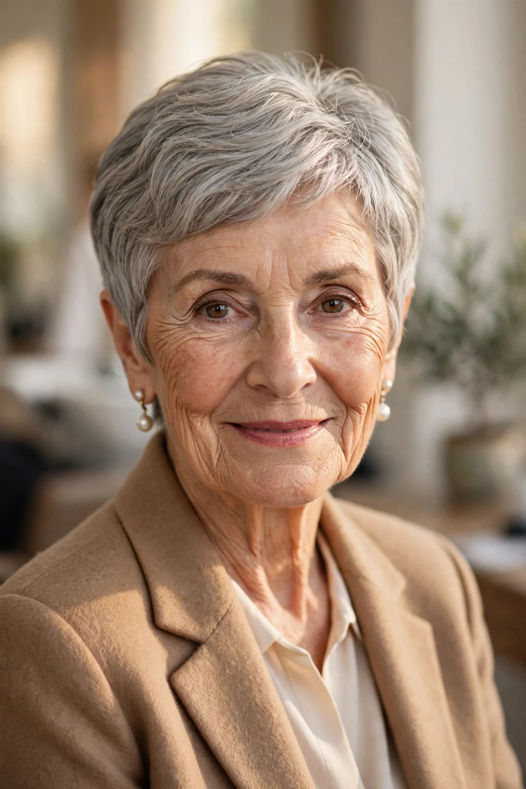 Elegant woman over 70 with timeless short cut, classic beautiful style, warm light.