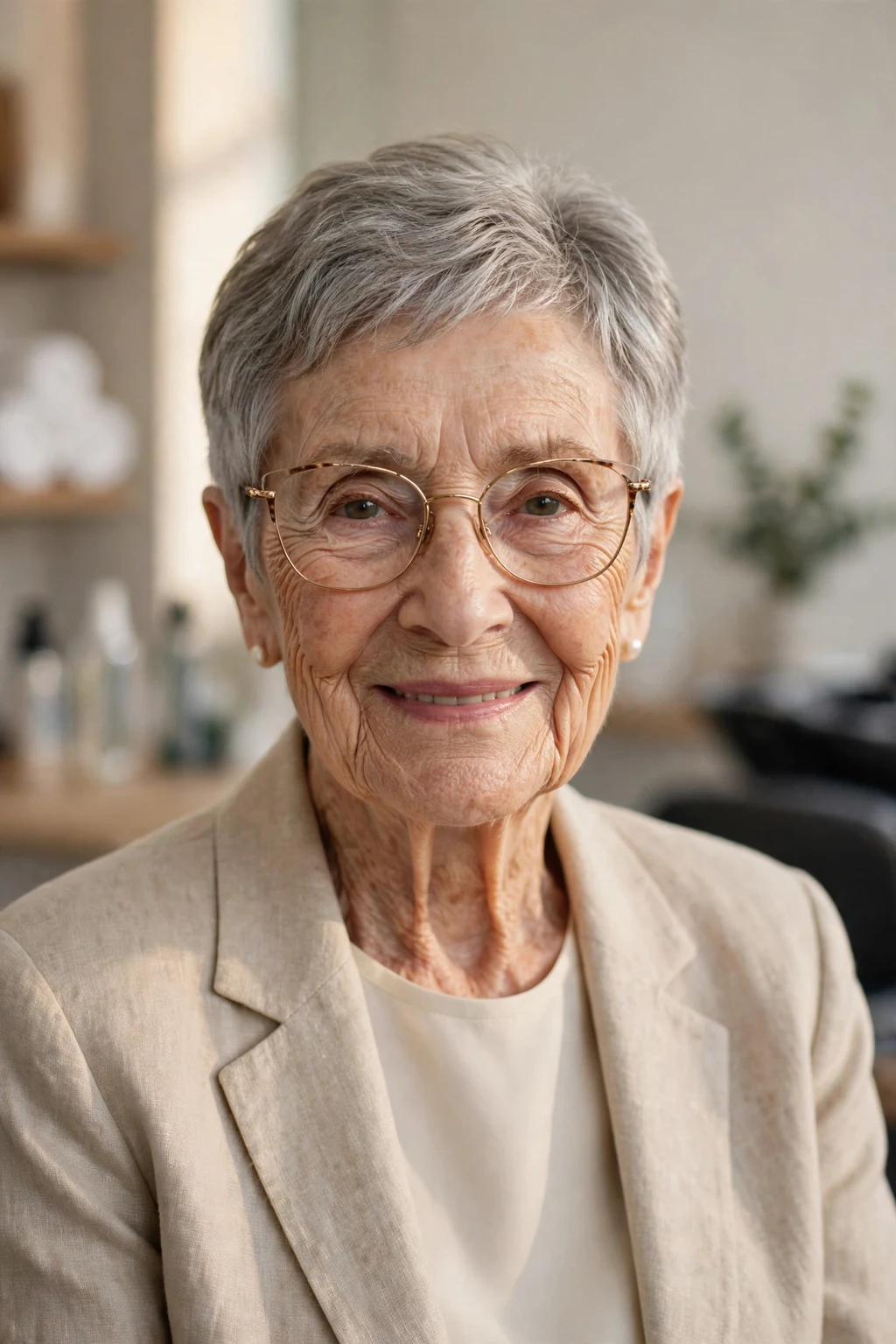 Elegant woman over 80 with glasses and timeless short cut, classic beautiful style, warm light.