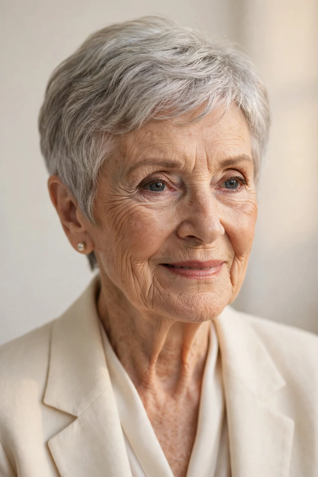 Elegant woman over 80 with timeless short cut, classic beautiful style, warm light.