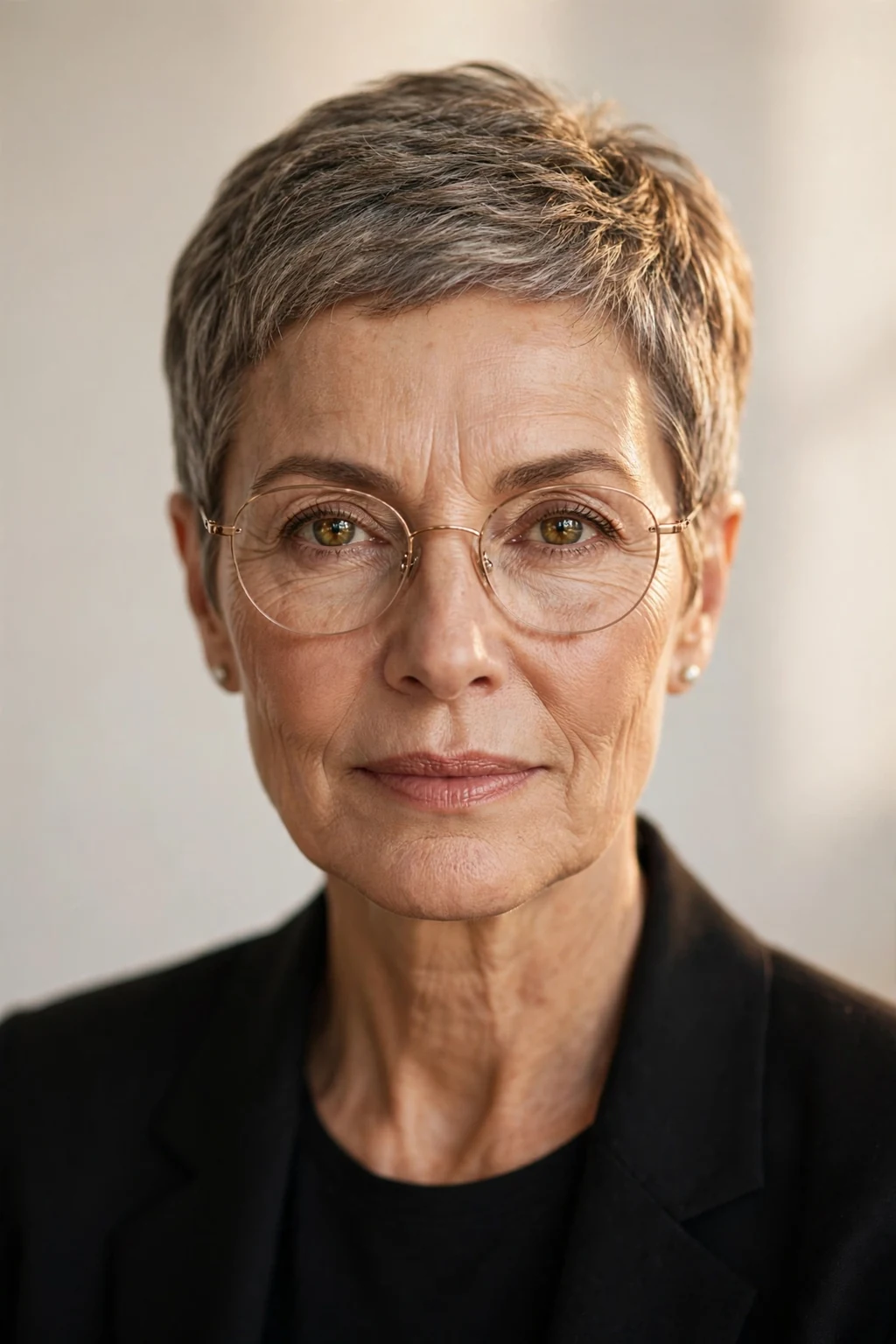 Elegant woman over 50 with glasses and timeless short cut, classic beautiful style, warm light.