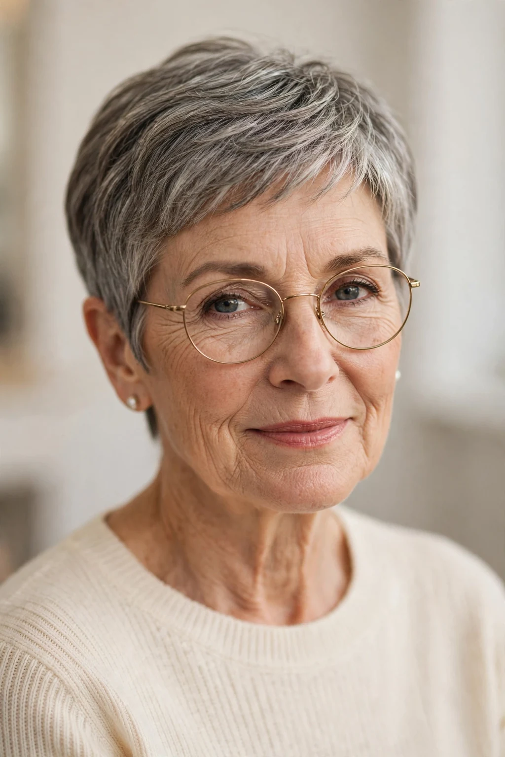 Elegant woman over 60 with glasses and timeless short cut, classic beautiful style, warm light.