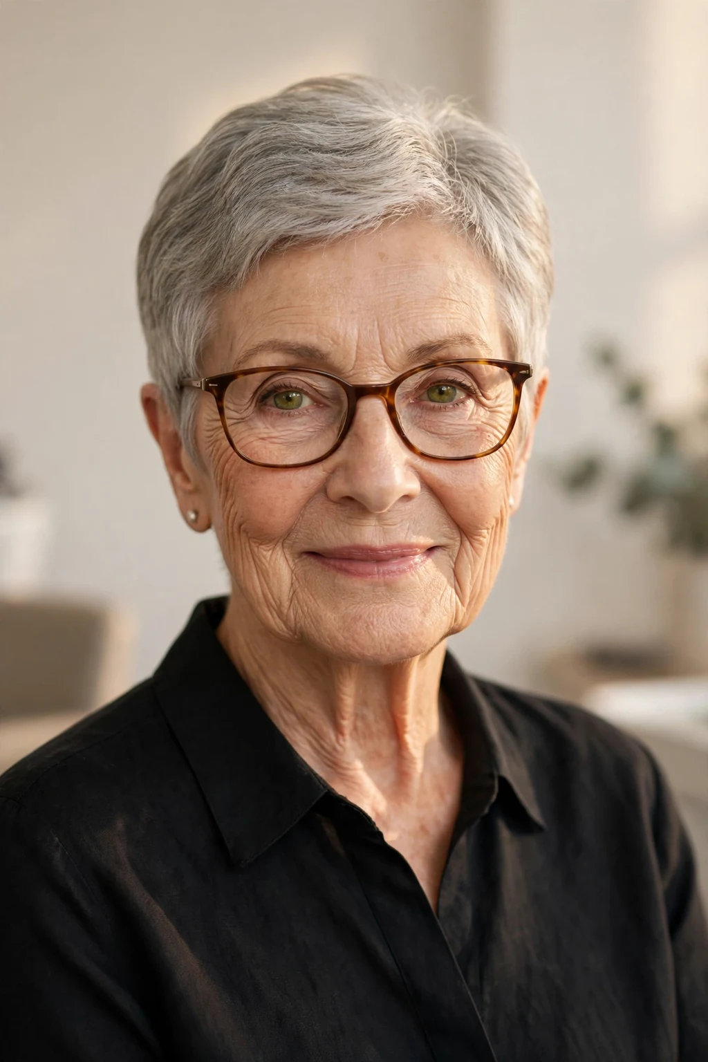 Elegant woman over 70 with glasses and timeless short cut, classic beautiful style, warm light.