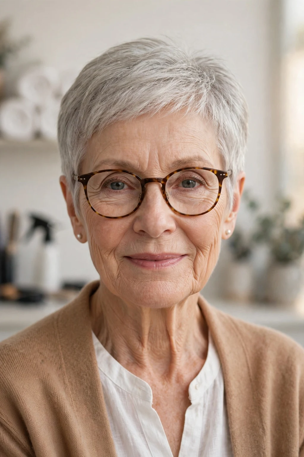 Elegant woman over 60 with fine hair and glasses and timeless short cut, classic beautiful style, warm light.